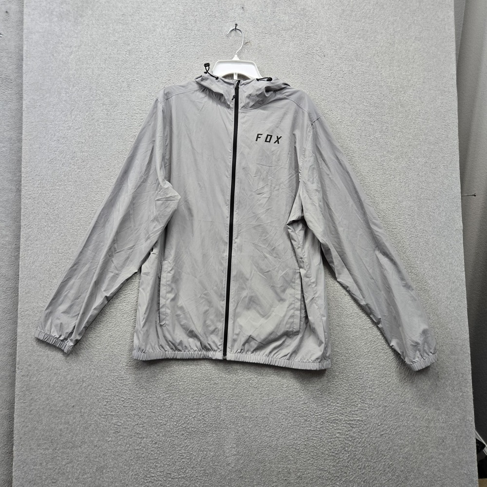 Fox Men Jacket XL Gray Windbreaker Logo Graphic Print Hooded Full Zip Pockets
